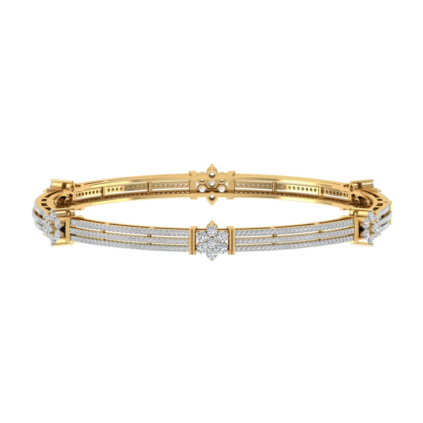 18k Yellow Gold Round and Diamond Single Bangle measuring 58mm wide and Carat weight of 2.27 (518 pieces)