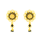 22K Gold Black Enamel and Flower Dangle Earrings