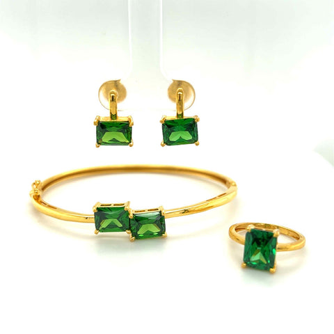 22K Gold Green CZ Full Se Earrings, Rings with Bangle