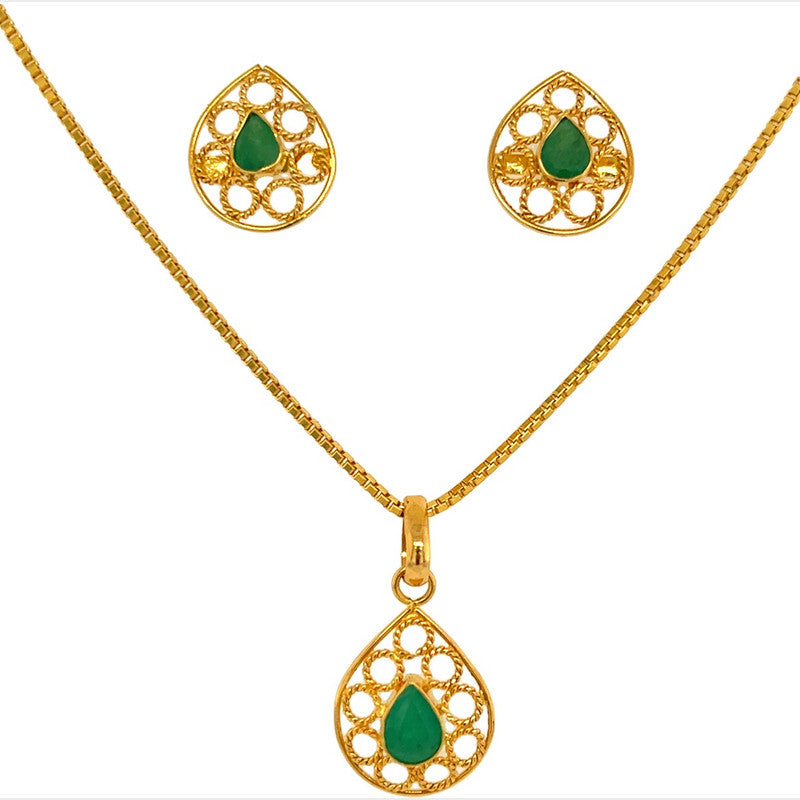 22K Gold Ornate Emerald Teardrop Pendant and Earring Set Gold Palace