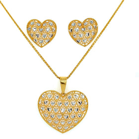 22K Two Tone Statement Heart Pendant and Earring Set