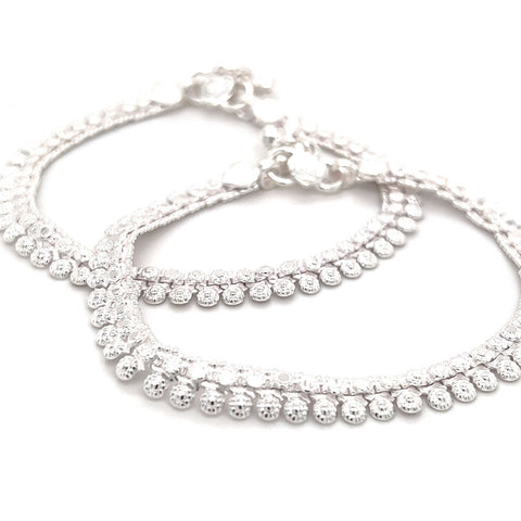 Women's 11 Inch Silver Polished Flat Round Payal Anklet - Pair