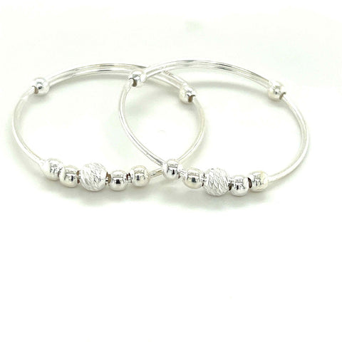 Kids' Sterling Silver Texture Bead Adjustable Bangles - Pair