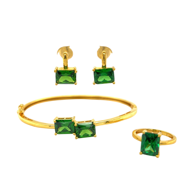22K Gold Green CZ Full Se Earrings, Rings with Bangle
