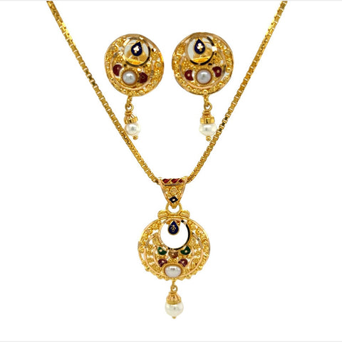 22k Gold Pearl and Meena Kari Pendant and Earring Set