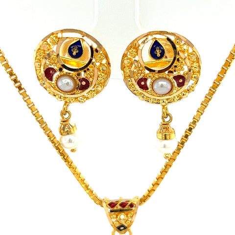 22k Gold Pearl and Meena Kari Pendant and Earring Set