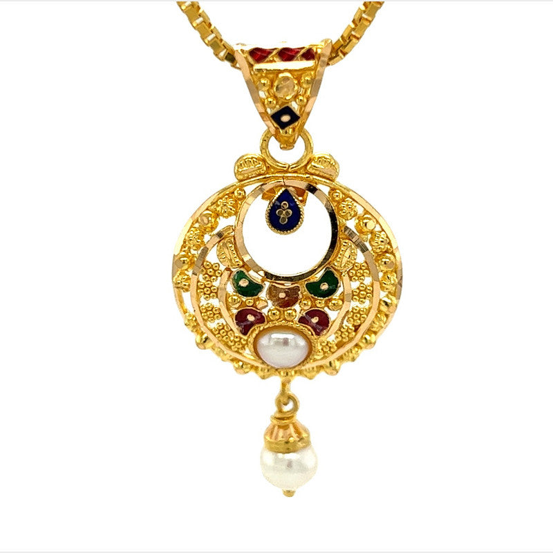 22k Gold Pearl and Meena Kari Pendant and Earring Set