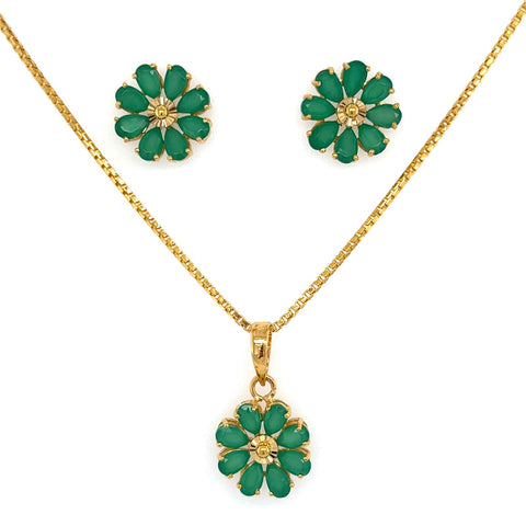 22K Gold Floral Emerald Pendant and Earring Set