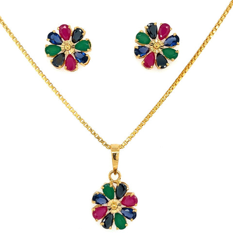 22K Gold Emerald Ruby and Sapphire Pendant and Earring Set