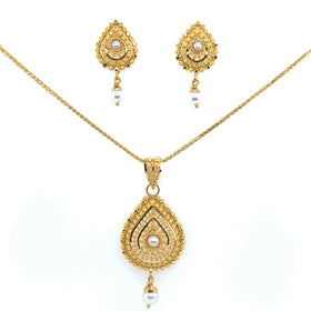 22K Gold Simple Pearl Pendant and Earring Set