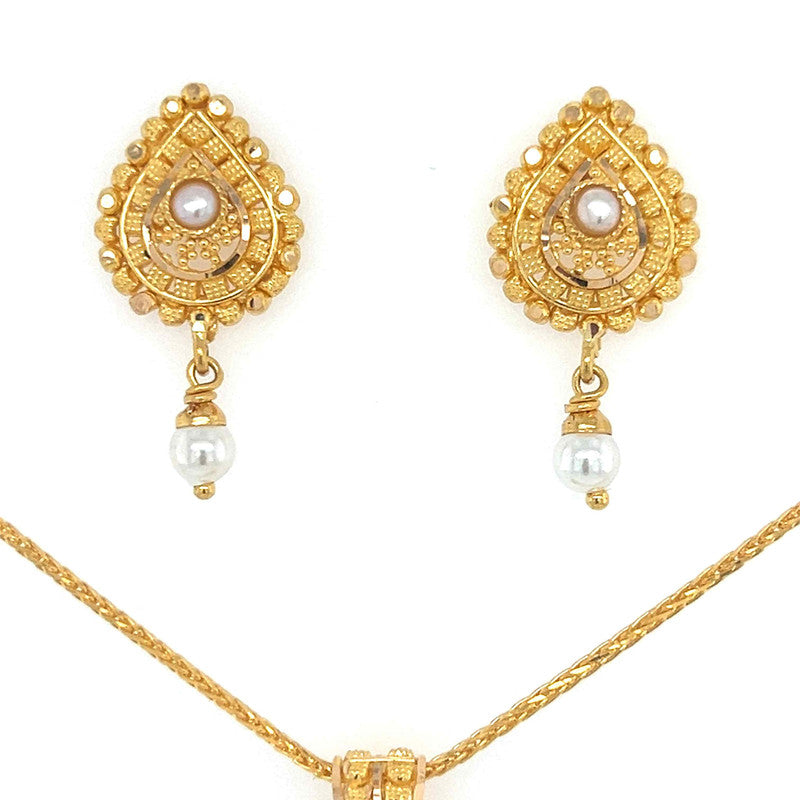 22K Gold Simple Pearl Pendant and Earring Set