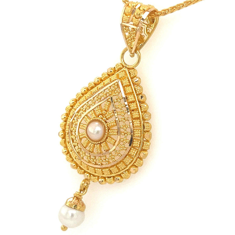 22K Gold Simple Pearl Pendant and Earring Set