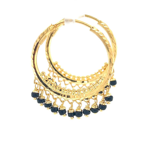 22K Gold Black Bead Round Hoop Earrings