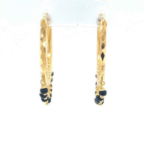 22K Gold Black Bead Round Hoop Earrings