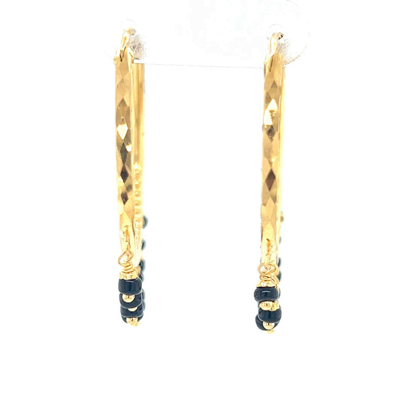 22K Gold Black-Beaded Round Hoop Earrings