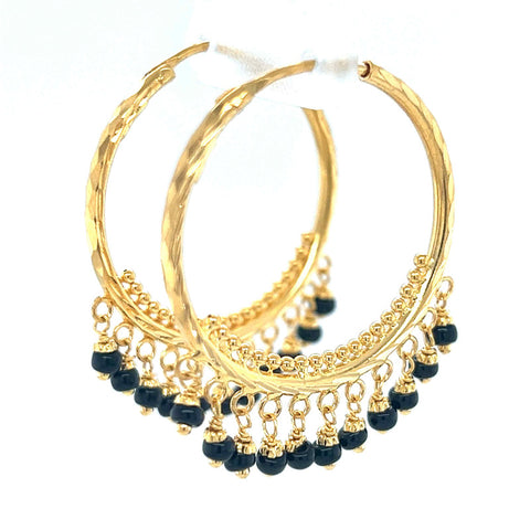 22K Gold Black-Beaded Round Hoop Earrings