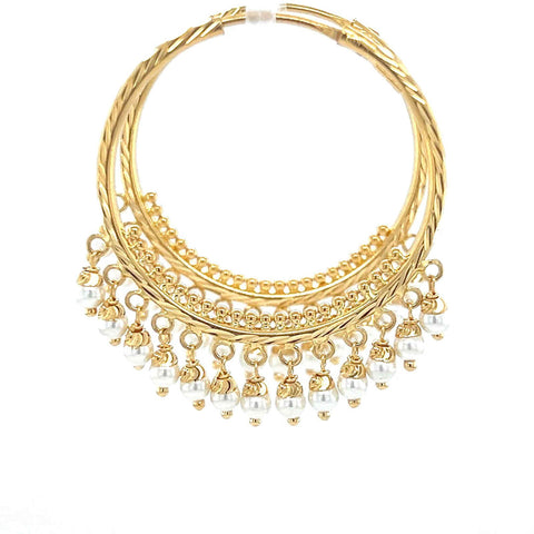 22K Gold Dangling Pearl Round Hoop Earrings