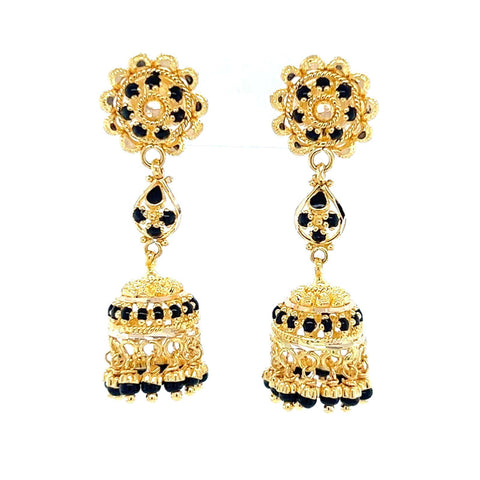 22K Gold Ornate Dangling Black Bead Jhumka Earrings