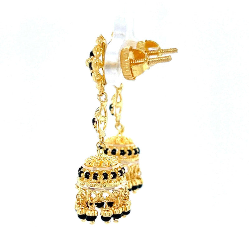 22K Gold Ornate Dangling Black Bead Jhumka Earrings