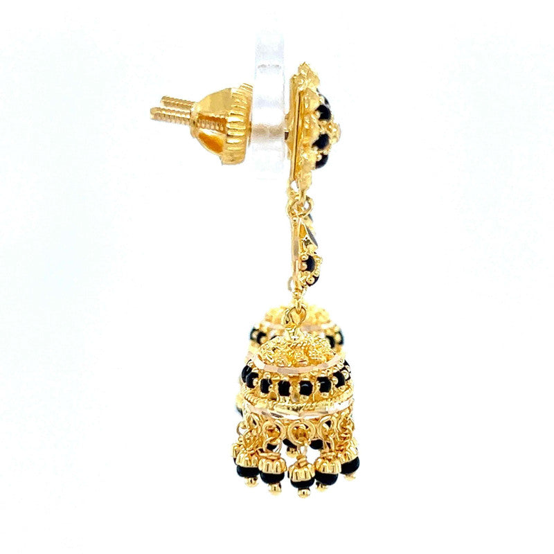 22K Gold Ornate Dangling Black Bead Jhumka Earrings