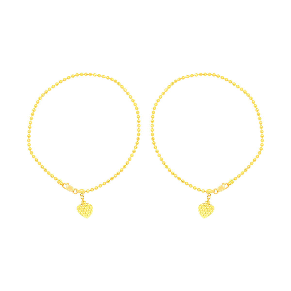 22K Gold Laser-Cut Bead with Heart Charm Anklet - Pair