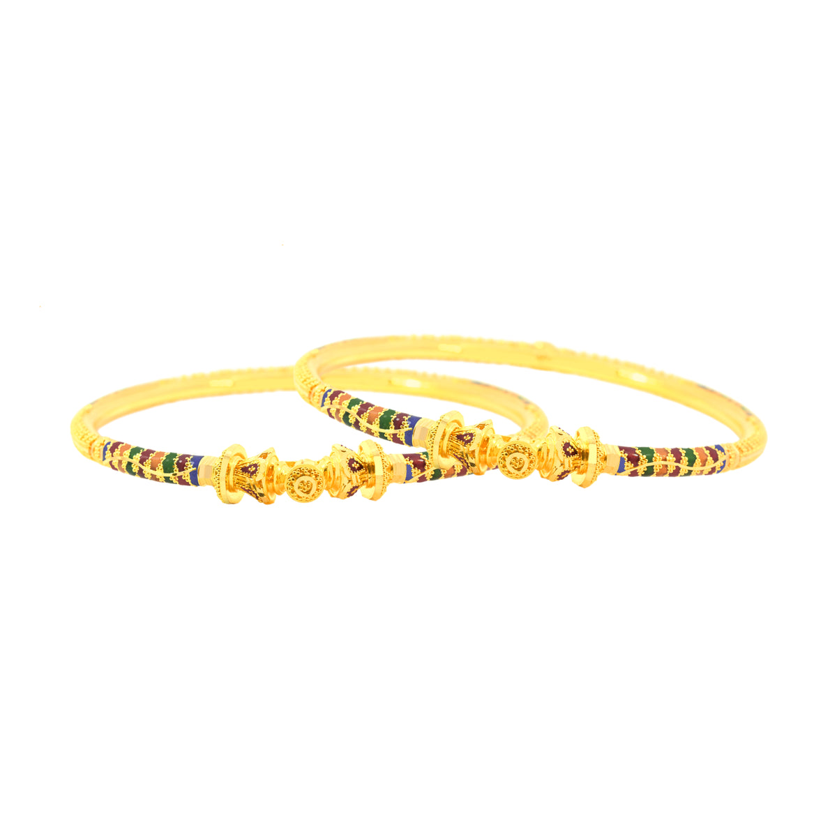 22K Gold Ornate Meena Kari Lightweight Lady Hinge Bangles - Pair