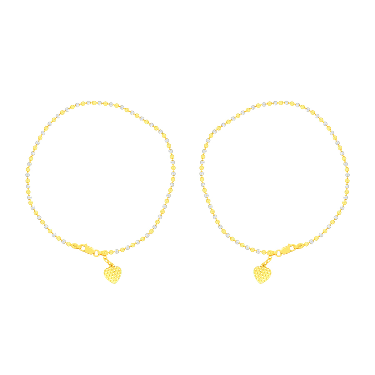 22K Gold Two-Tone Bead Anklet with Heart Charm - Pair