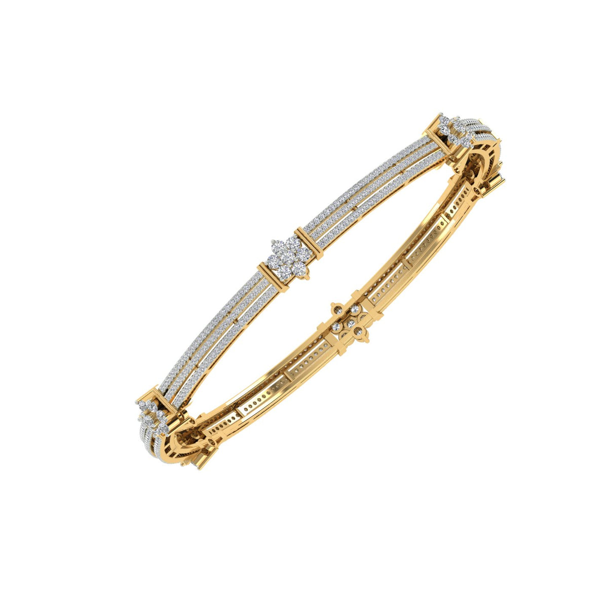 18k Yellow Gold Round and Diamond Single Bangle measuring 58 inches wide and Carat weight of 2.27 (518 pieces)