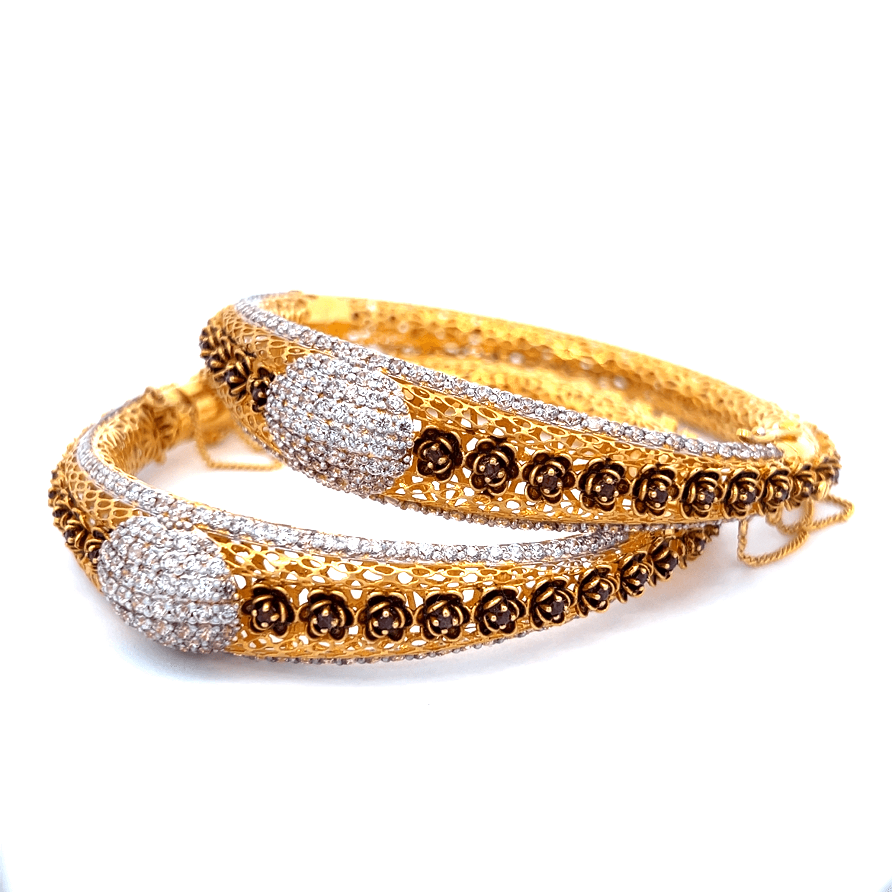 22K Yellow Gold Designer Hinged Bangles in size 2.6 and gold weight of 61.8g