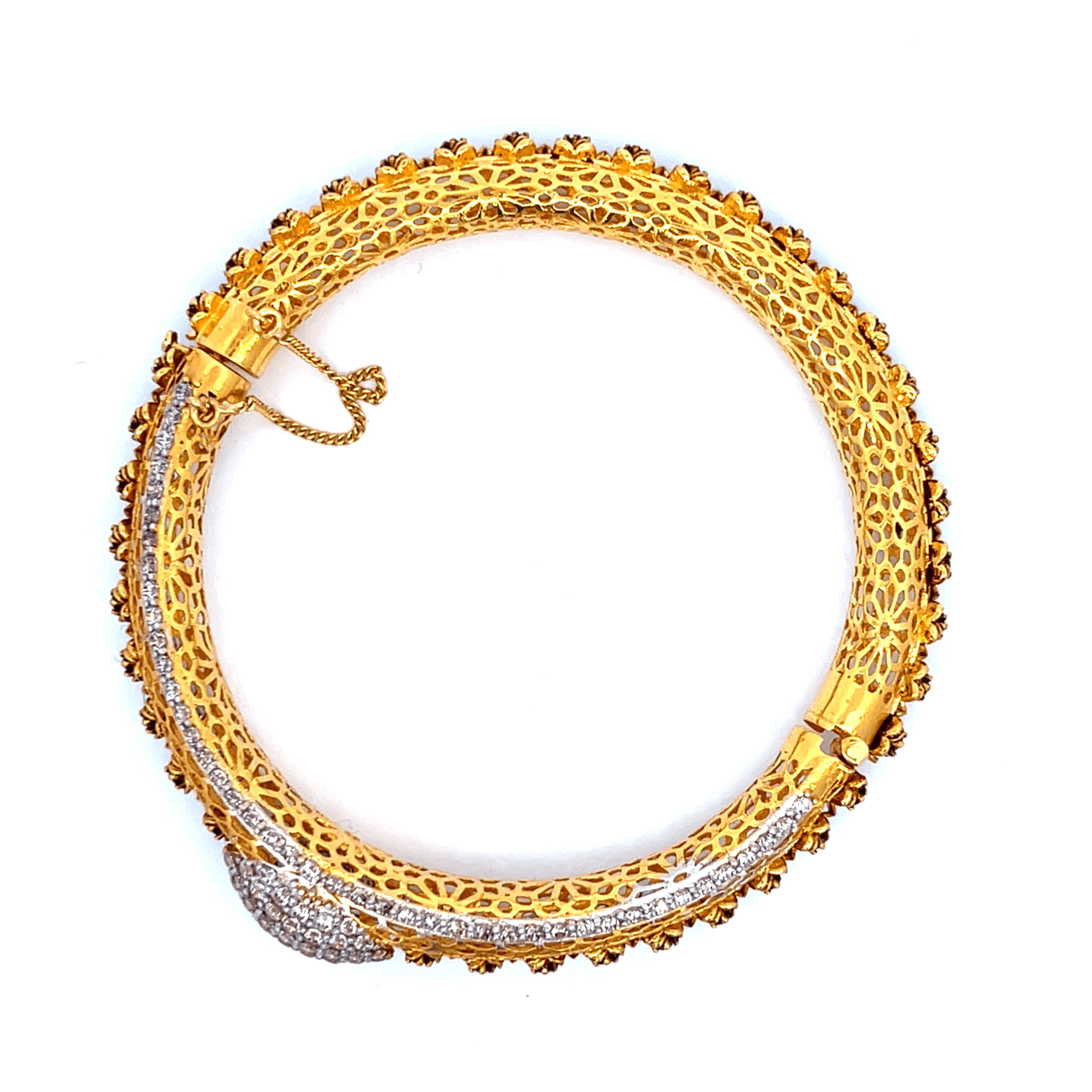 22K Yellow Gold Designer Hinged Bangles in size 2.6 and gold weight of 61.8g