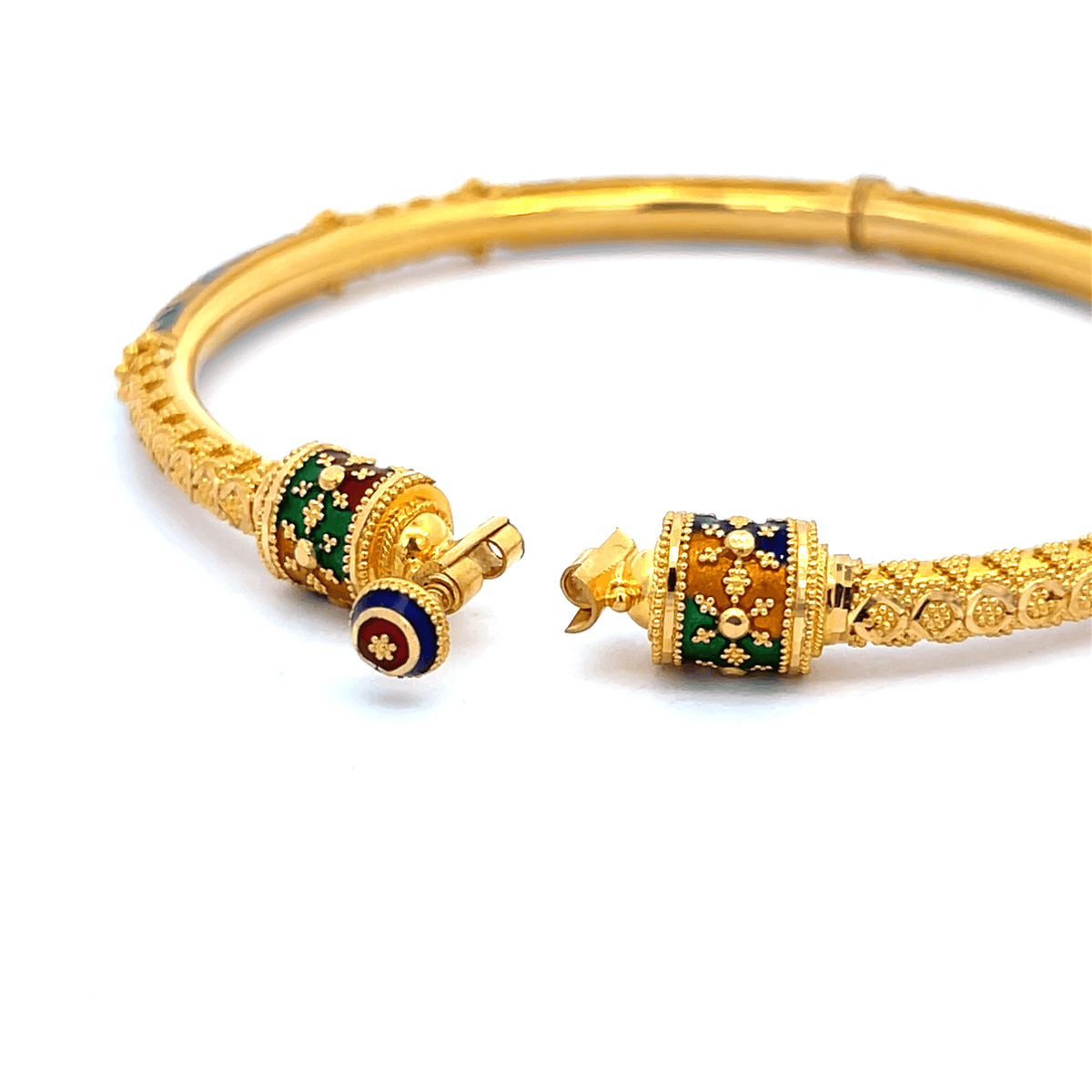 22K Yellow Gold Meenakari Pipe Hinged Bangles in size 2.5 and gold weight of 34.6g