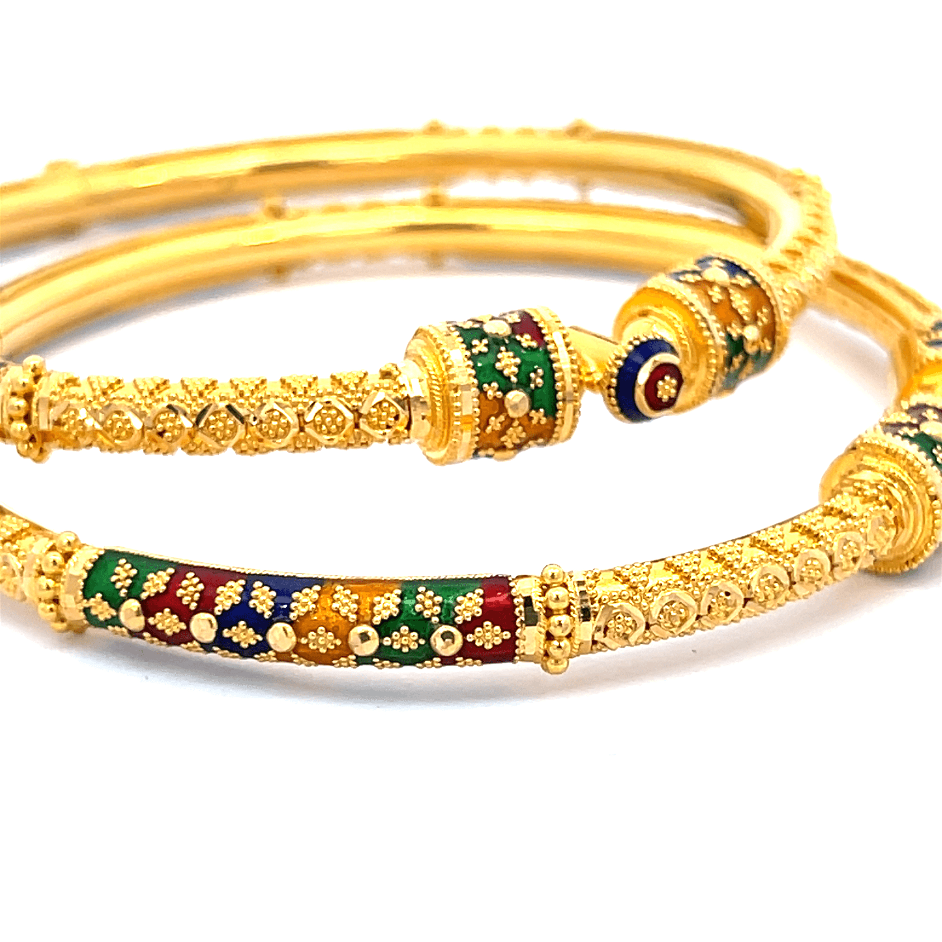 22K Yellow Gold Meenakari Pipe Hinged Bangles in size 2.5 and gold weight of 34.6g