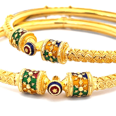 22K Yellow Gold Meenakari Pipe Hinged Bangles in size 2.5 and gold weight of 34.6g