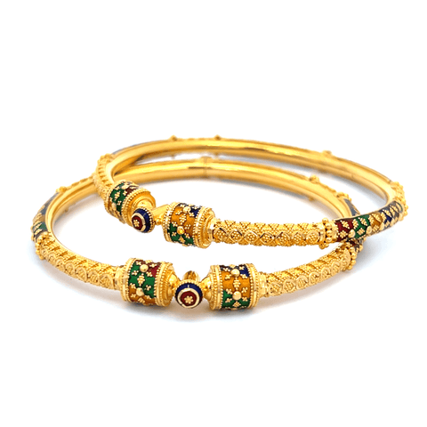 22K Yellow Gold Meenakari Pipe Hinged Bangles in size 2.5 and gold weight of 34.6g