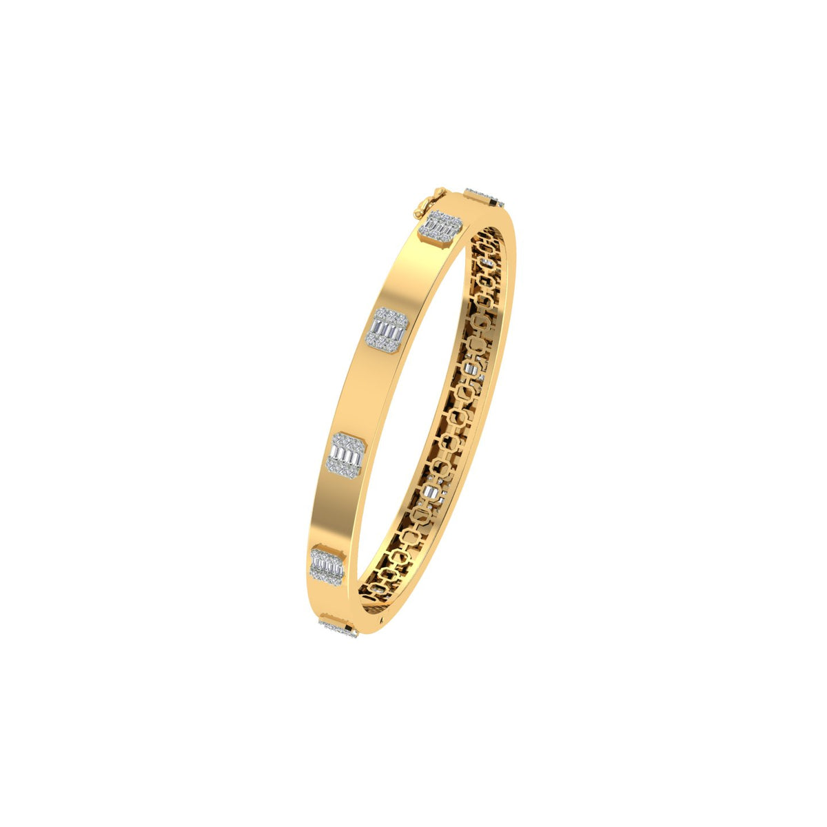 18k Yellow Gold Round & Baguette Diamond Hinged Bracelet measuring 6.5mm thickness x 56mm width