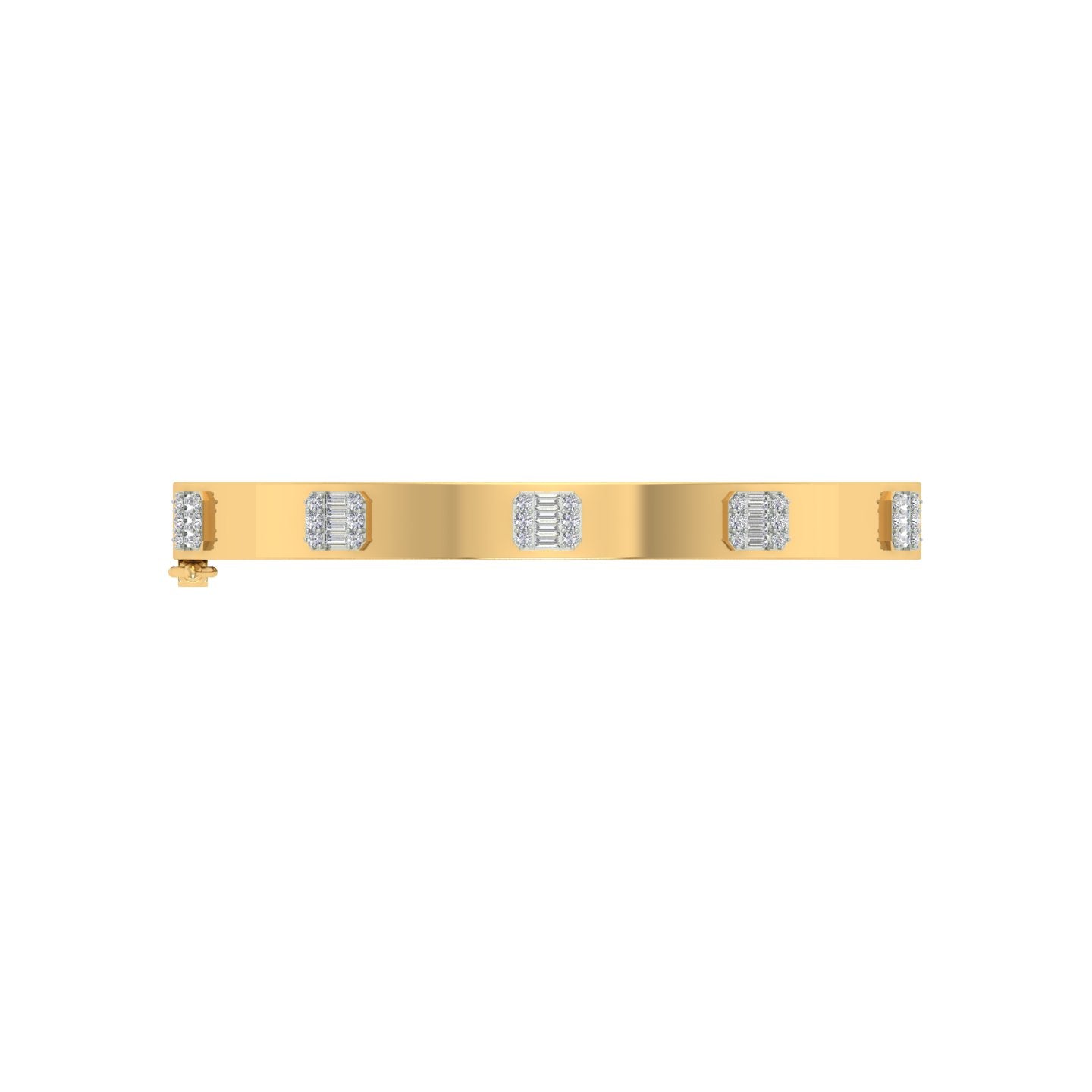 18k Yellow Gold Round & Baguette Diamond Hinged Bracelet measuring 6.5mm thickness x 56mm width