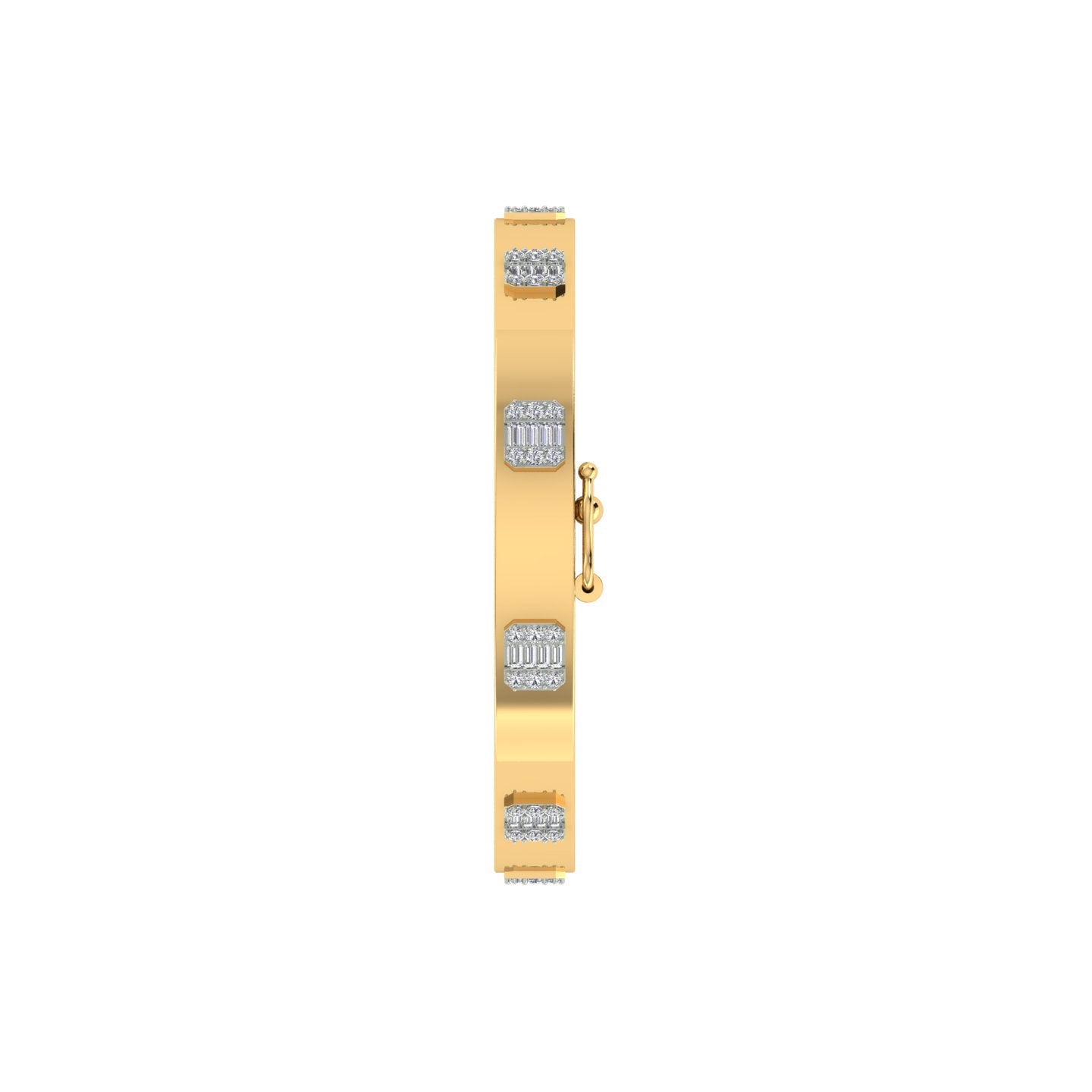 18k Yellow Gold Round & Baguette Diamond Hinged Bracelet measuring 6.5mm thickness x 56mm width