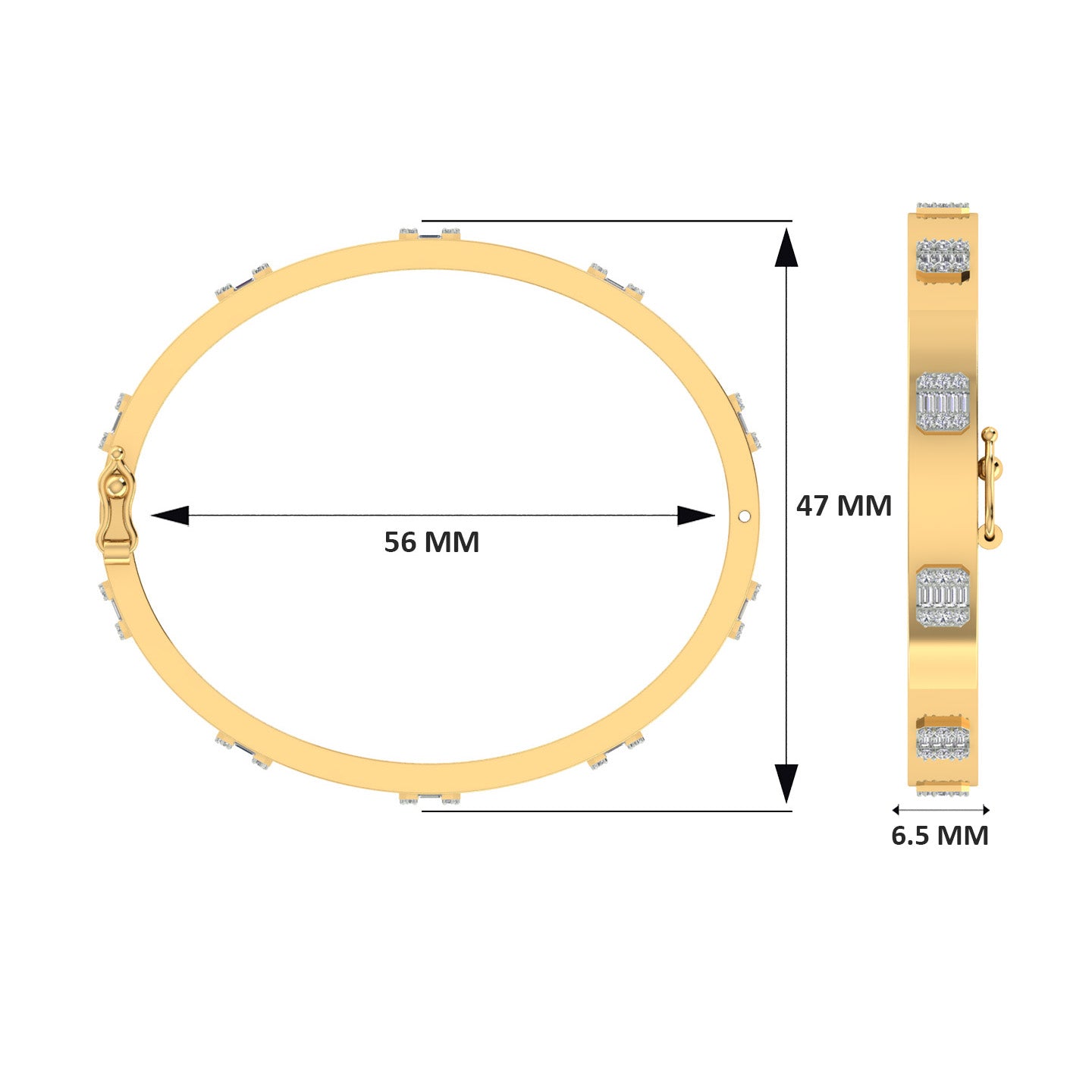 18k Yellow Gold Round & Baguette Diamond Hinged Bracelet measuring 6.5mm thickness x 56mm width