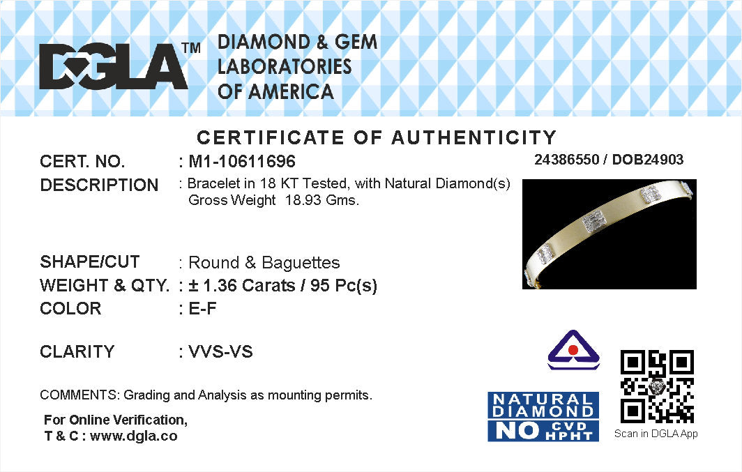 18k Yellow Gold Round & Baguette Diamond Hinged Bracelet measuring 6.5mm thickness x 56mm width