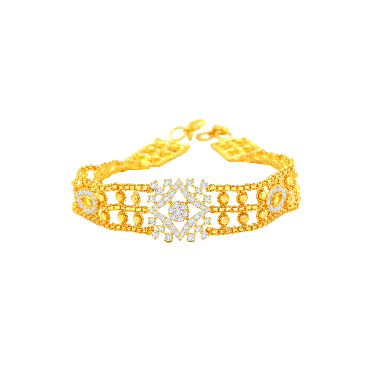 22k Yellow Cubic Zirconia Pata Cuff Bracelet measuring 13mm thickness x 7.5 inch length