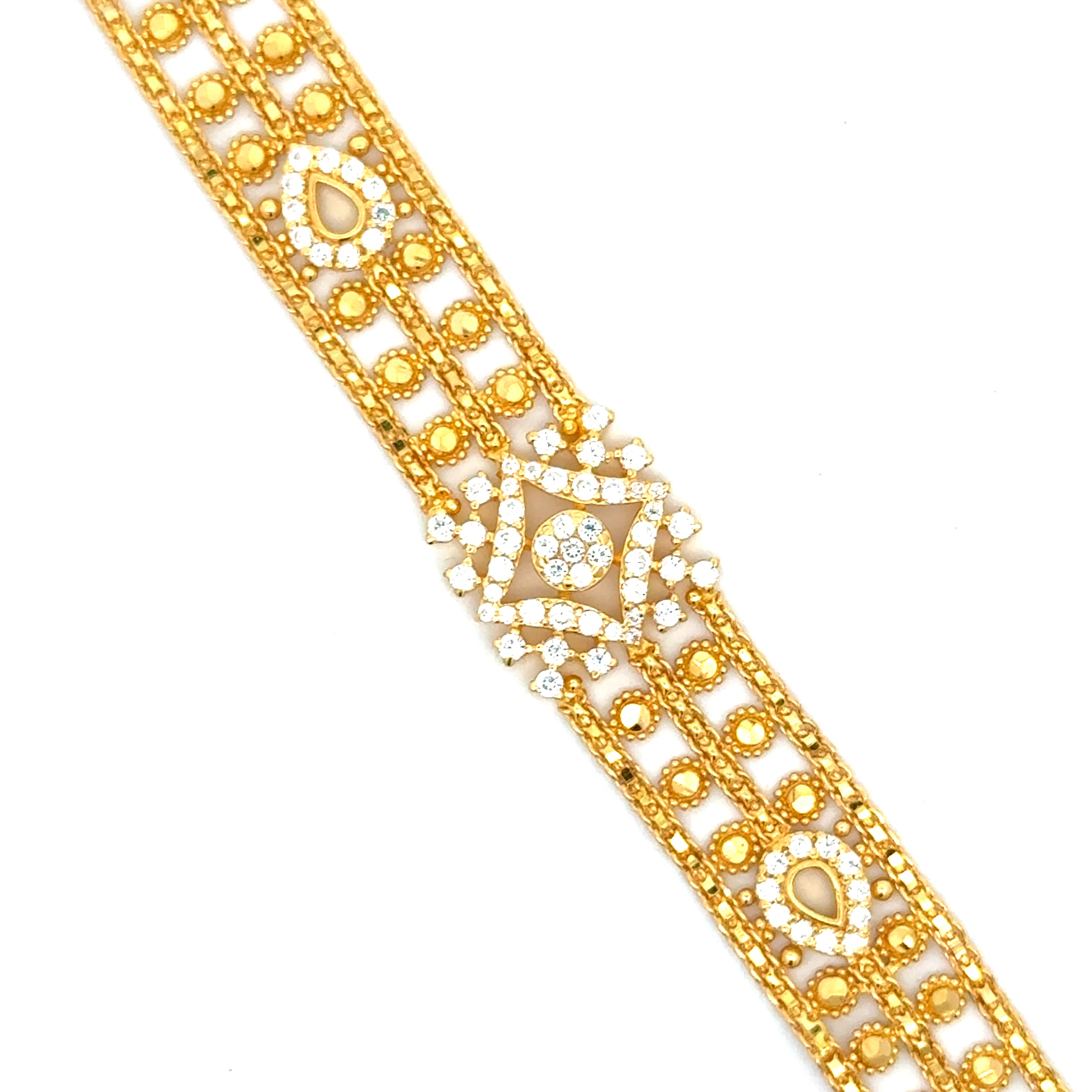 22k Yellow Cubic Zirconia Pata Cuff Bracelet measuring 13mm thickness x 7.5 inch length