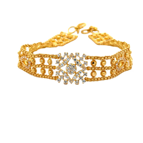 22k Yellow Cubic Zirconia Pata Cuff Bracelet measuring 13mm thickness x 7.5 inch length