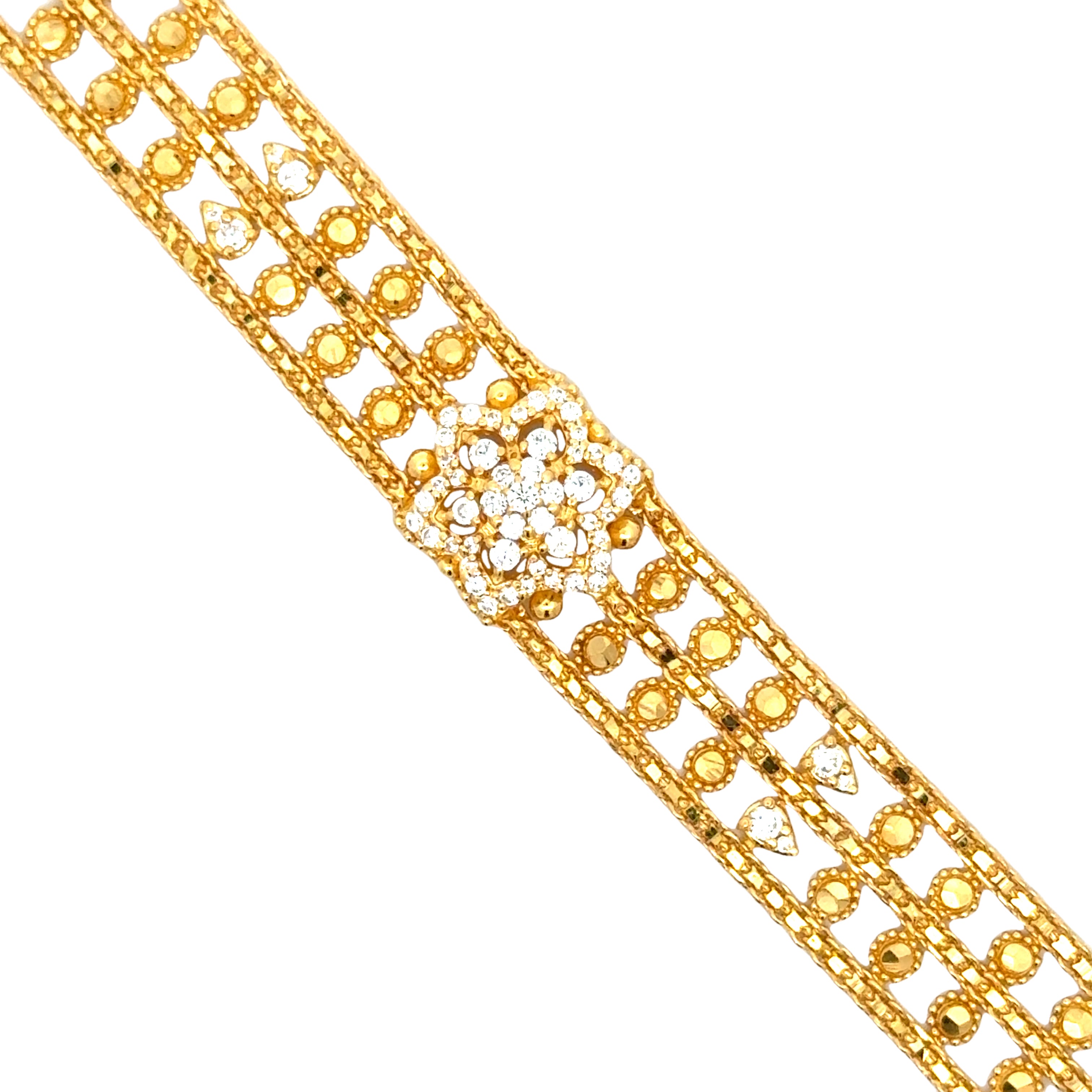 22k Yellow Cubic Zirconia Pata Cuff Bracelet measuring 12mm thickness x 7 inch length