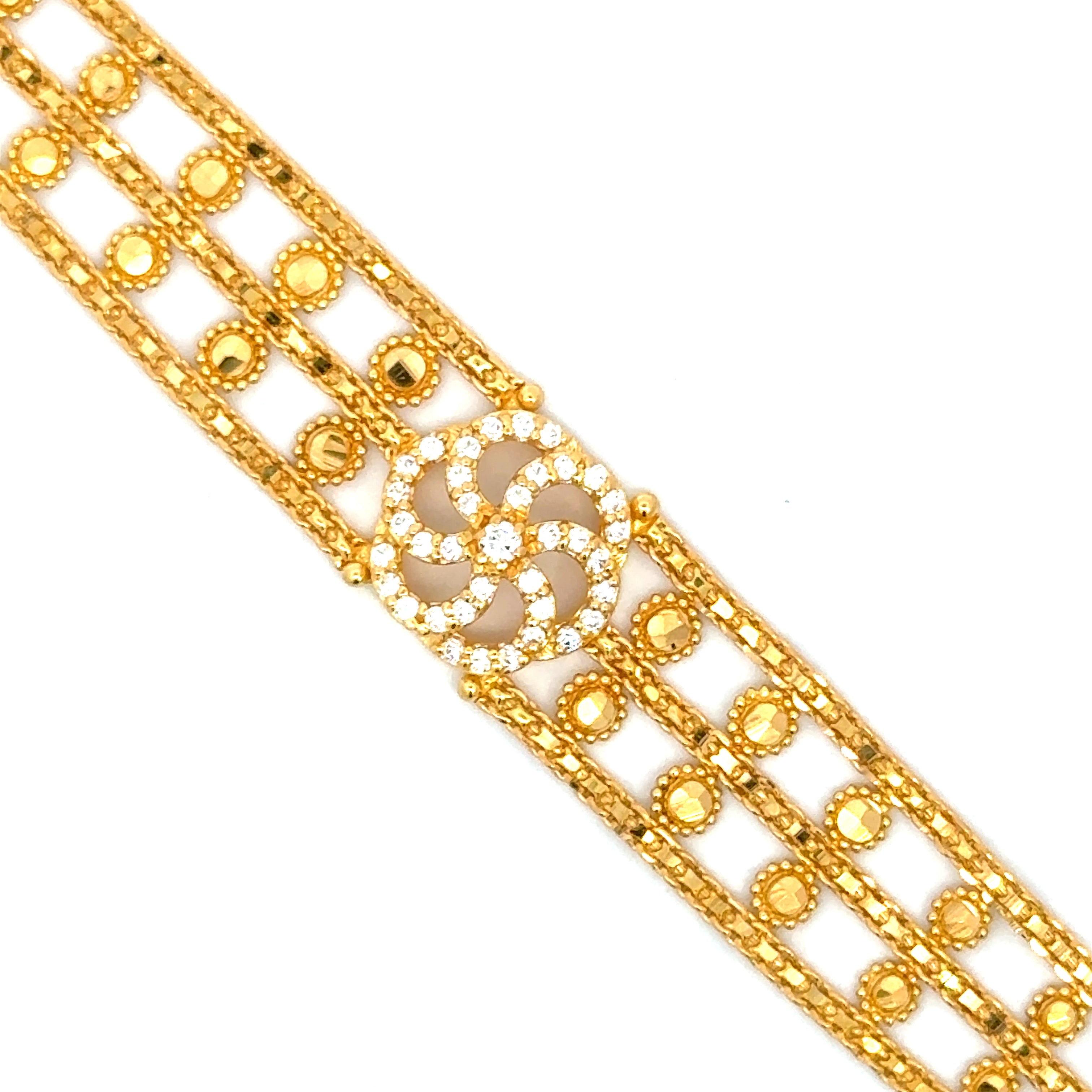 22k Yellow Gold Cubic Zirconia Pata Cuff Bracelet measuring 12mm thickness x 7 inch length