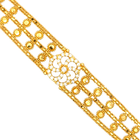 22k Yellow Gold Cubic Zirconia Pata Cuff Bracelet measuring 12mm thickness x 7 inch length