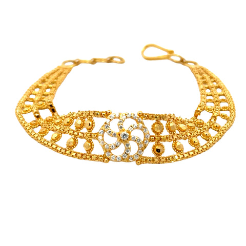 22k Yellow Gold Cubic Zirconia Pata Cuff Bracelet measuring 12mm thickness x 7 inch length