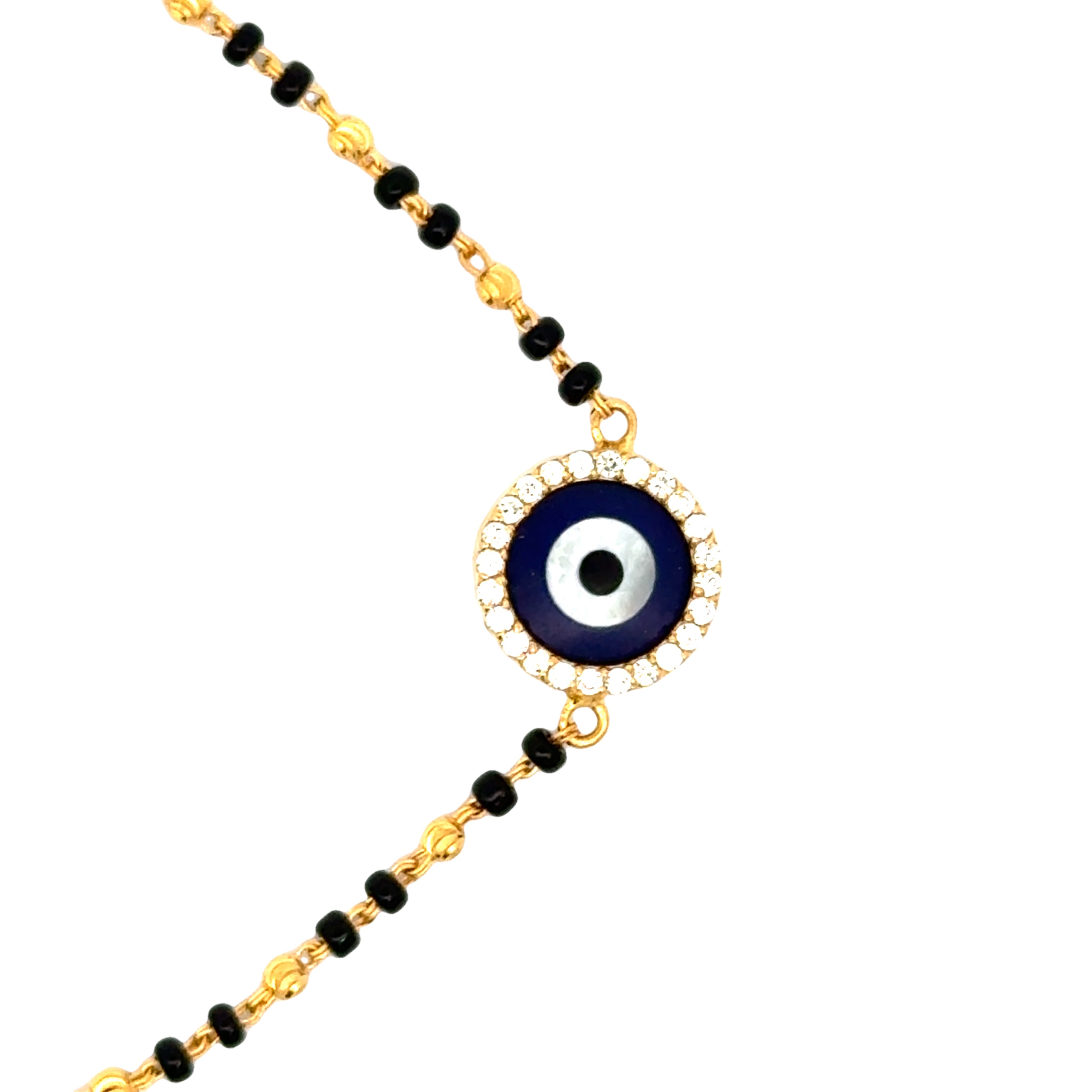 22k Yellow Cubic Zirconia Evil Eye Mangalsutra Bracelet measuring 2mm thickness x 7 inch length