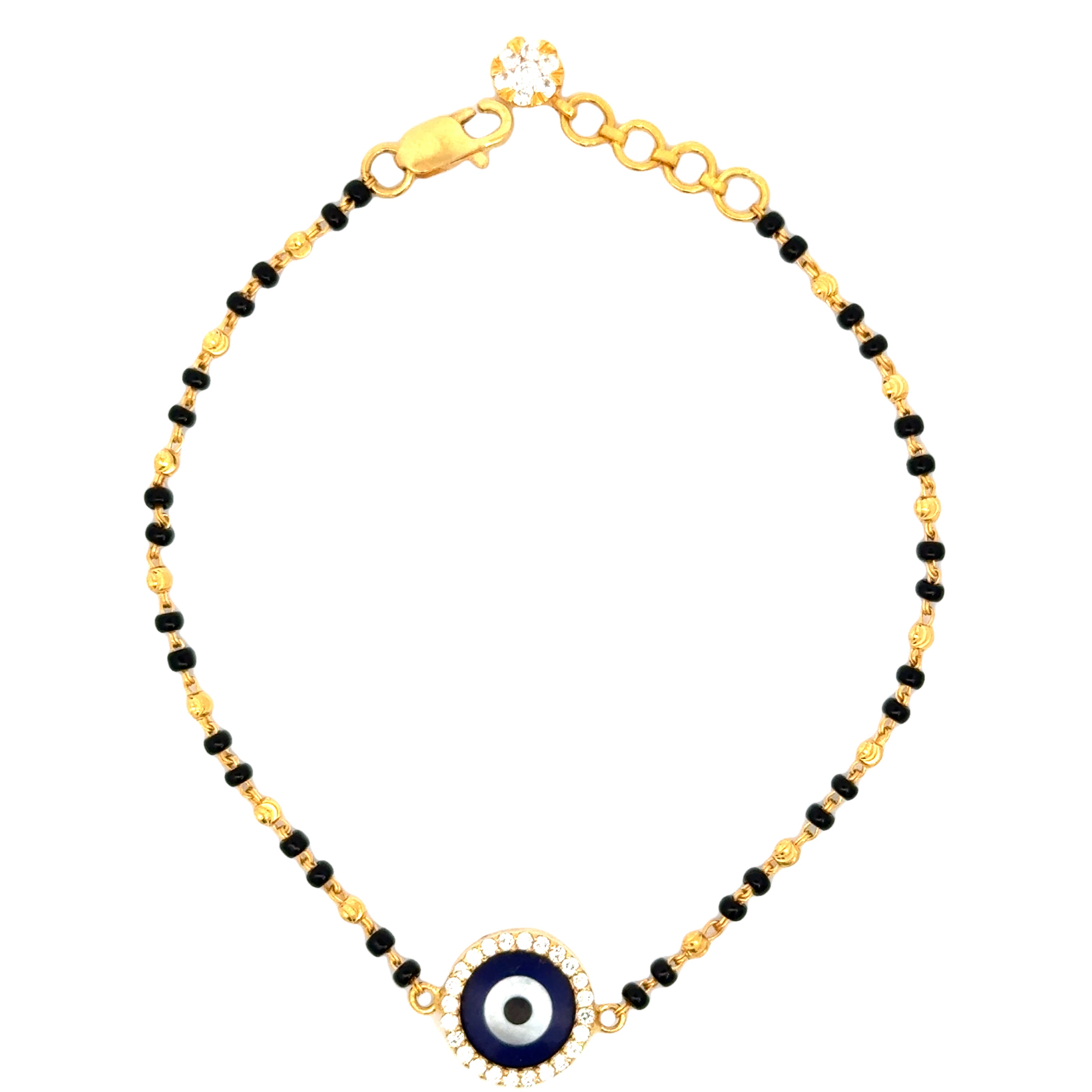 22k Yellow Cubic Zirconia Evil Eye Mangalsutra Bracelet measuring 2mm thickness x 7 inch length