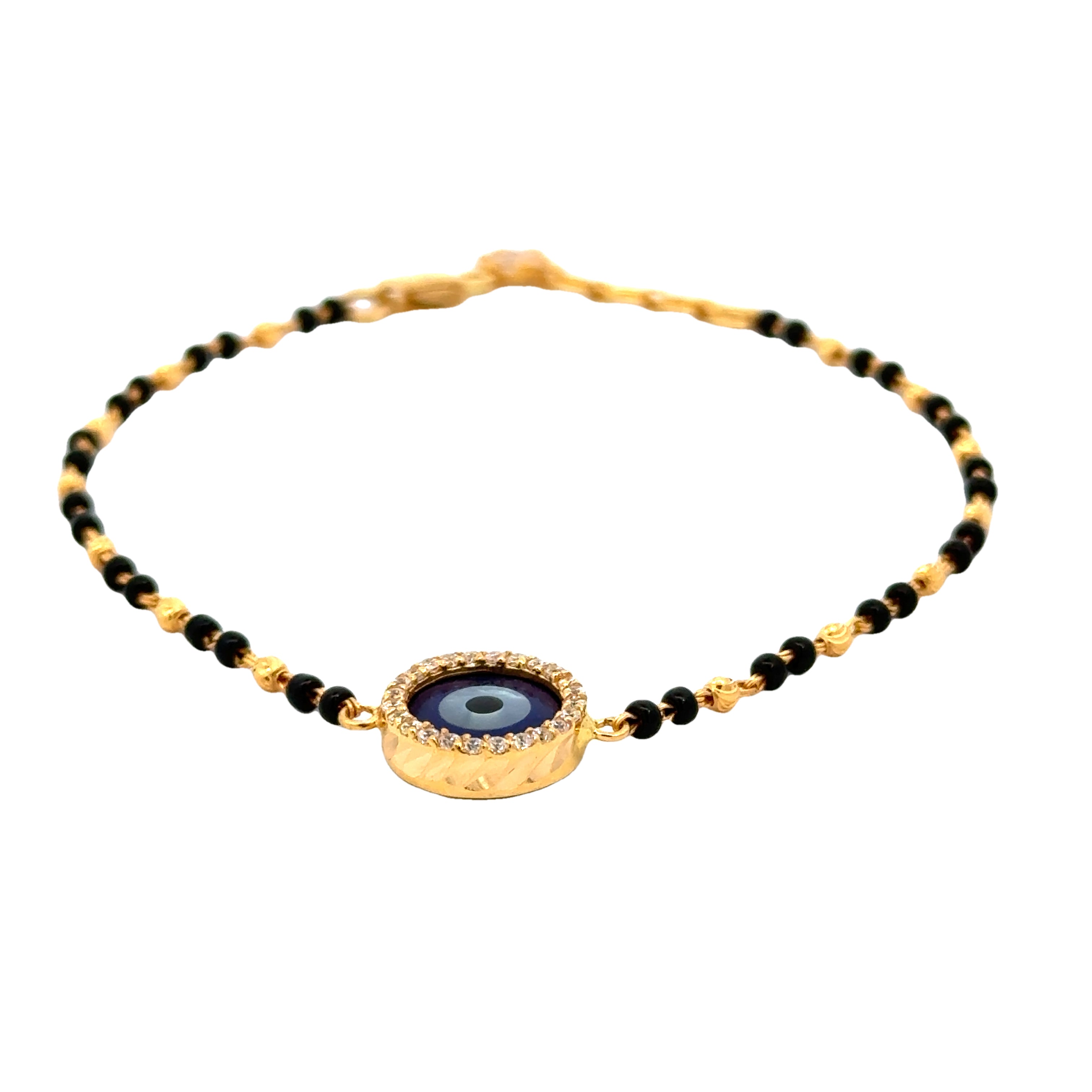 22k Yellow Cubic Zirconia Evil Eye Mangalsutra Bracelet measuring 2mm thickness x 7 inch length