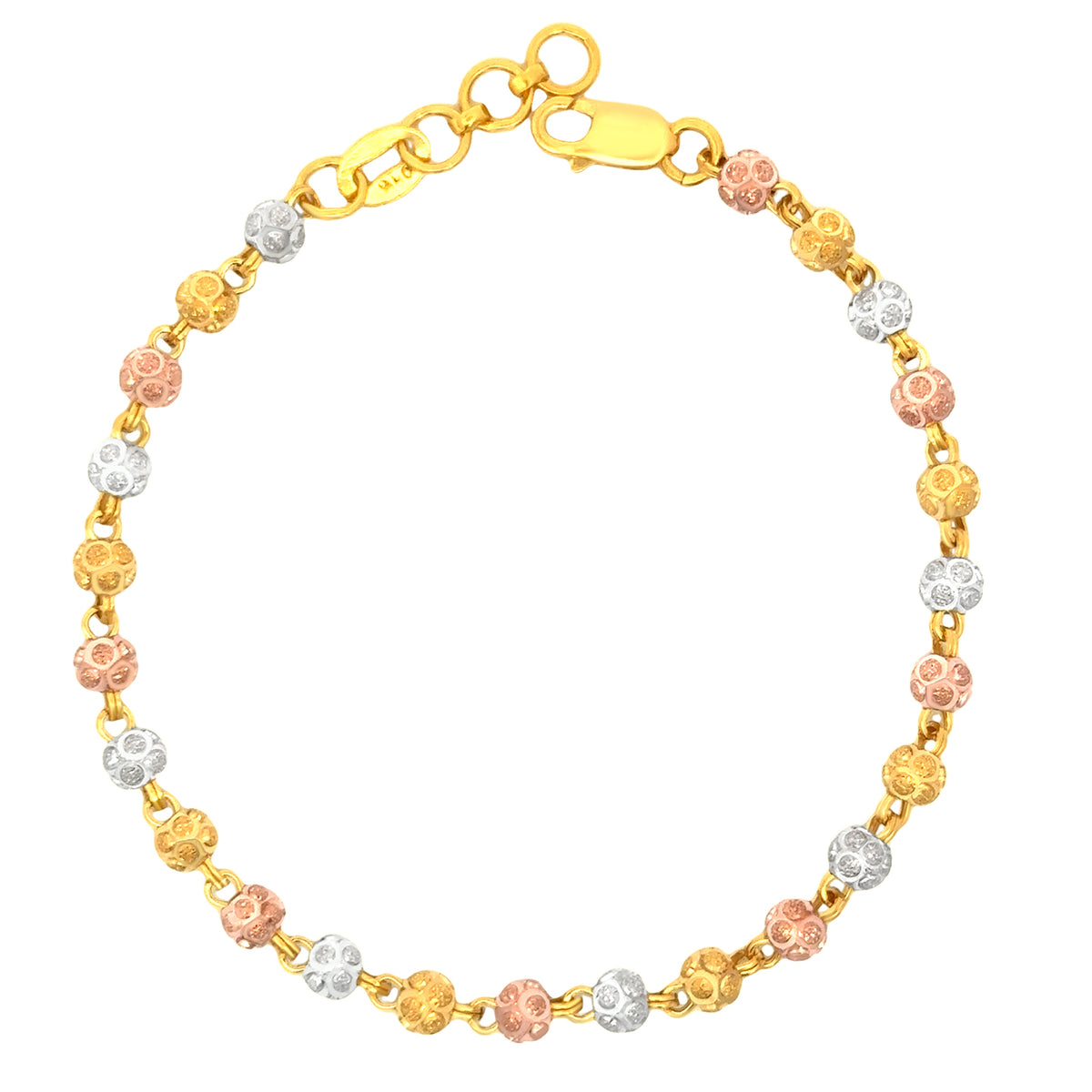 22k Three Tone Gold Ball-Bead Bracelet measuring 4mm thickness x 7 inch length